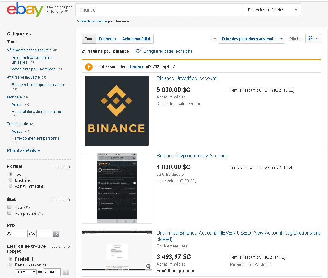 binance comte ebay en vente